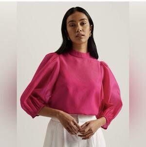 TED BAKER 2 Frias Sheer Organza Blouse Top Balloon Sleeve Fuchsia Pink US 6